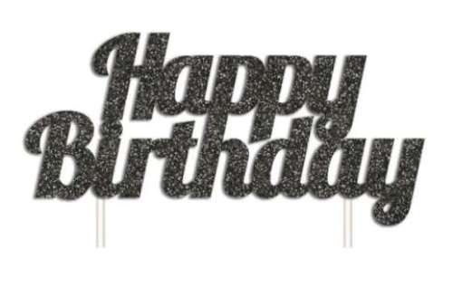 Black Glitter Cake Topper - Happy Birthday - Click Image to Close